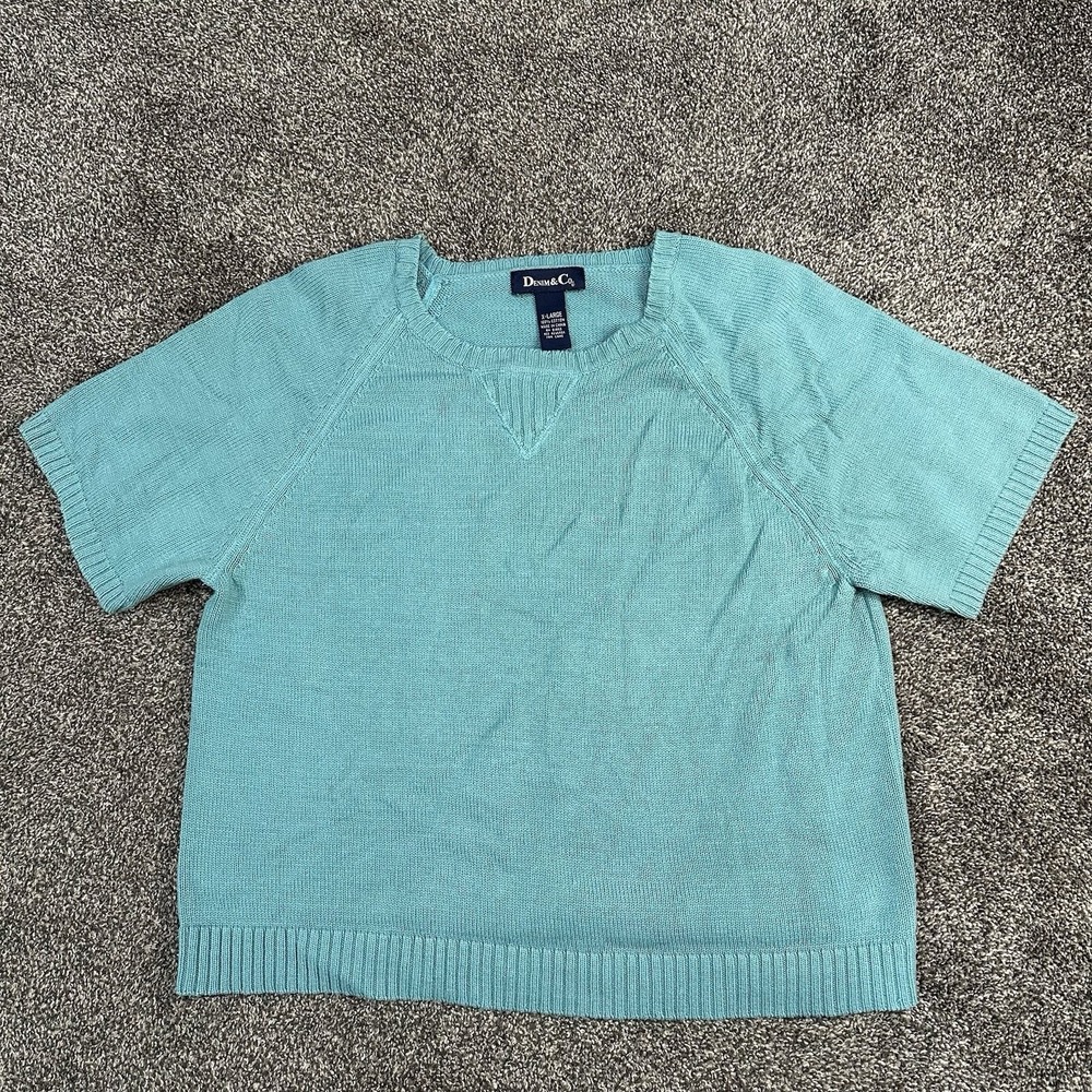 light blue, short-sleeved 100% cotton knit shirt by Denim & Co Sz XL Aqua Blue‎